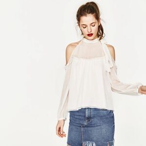 💜 Zara Sheer Cold Shoulder Top with Tie Neck in Ivory